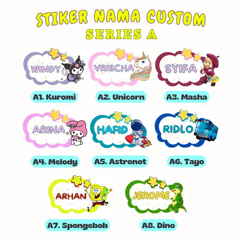 

STIKER NAMA CUSTOM/KARAKTER LUCU (kuromi, melody, masha, tayo, spongebob, unicorn, dll/WATERPROOF