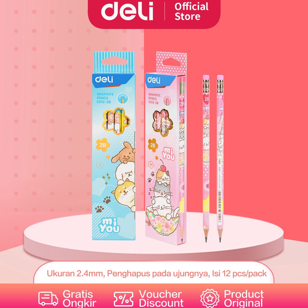 

KODE V54B Deli Graphite Pencil Pensil Kayu 2B Isi 12pcsPack dengan Penghapus Desain Miyou EC122B