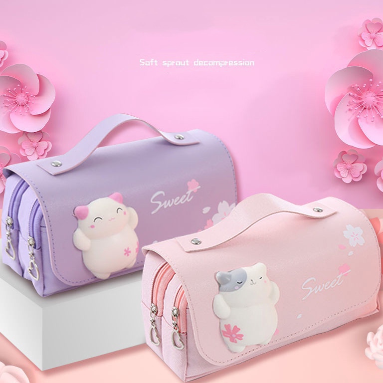 

KODE B64X Kartun tas pensil dekompresikapasitas besar siswa sekolah dasar tas pensil multifungsi dekompresisuper cute girl heart 3D net red pencil bag