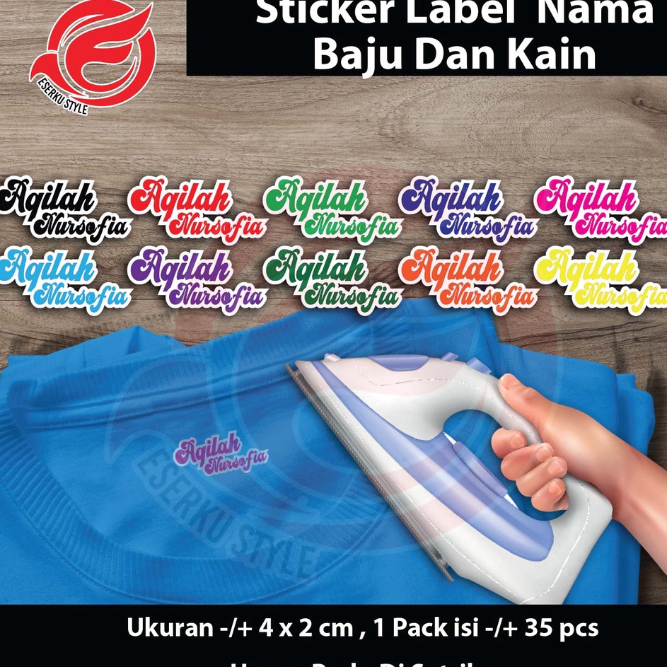 

Hadir Termurah Sticker Label Nama Kain Baju Kaos Sablon Setrika Sticker Iron Custom Tulisan Per Pack isi 35 Pcs ukuran 4x2 cm