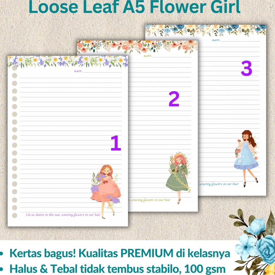 

Super Special Loose leaf Isi Kertas File binder A5 Tebal Flower Girl Line Grid Dotted Blank Garis Kotak Titik Polos CHESTER LIVING