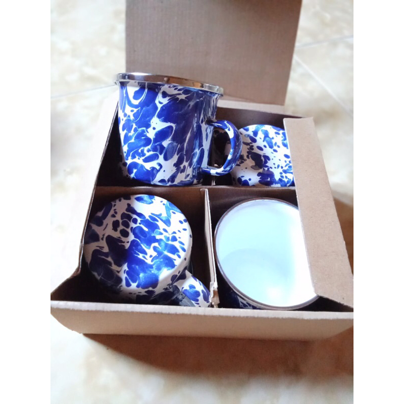 Free Packing, MUG ENAMEL 6 cm / CANGKIR JADUL BIRU LURIK BLIRIK MINI