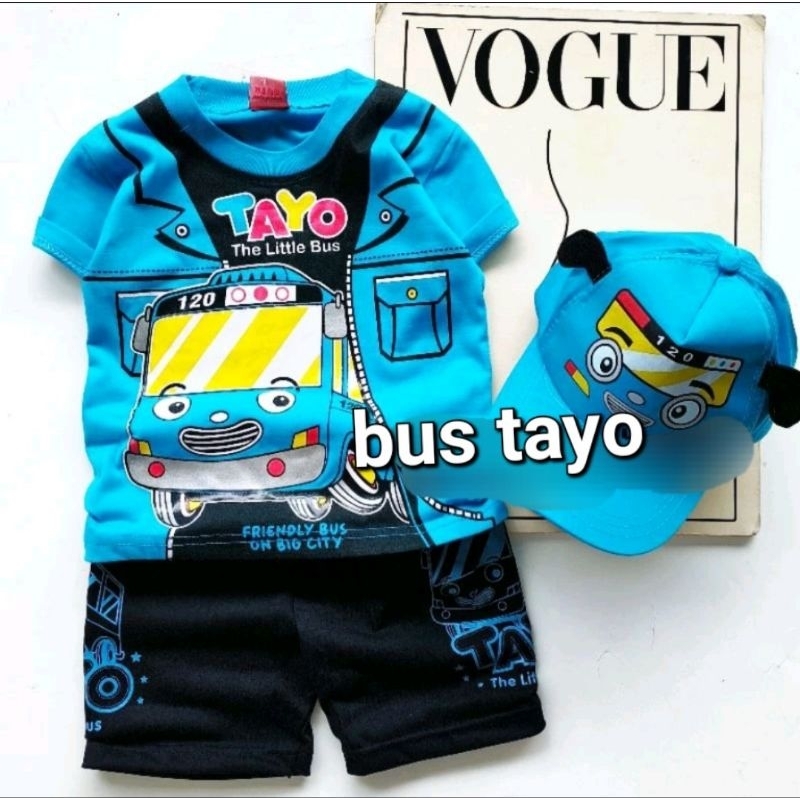 SETELAN ANAK LAKI BUS TAYO WARNA BIRU/SETELAN ANAK TAYO DAN FRIENDS/TOPI ANAK TAYO/TAYO BUS