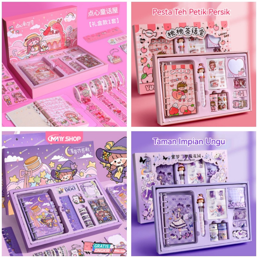

KODE A8S7 Paket Jurnal SetGift Box Hampers anakHadiah Notebook Journal Diary 6 in 1 Boba Alat Buku Tulis Lengkap Scrapbook Cute Girl Sanrio Cinnamoroll My Melody Kuromi Panda Peach Kelinci Duffy Cat Sweetheart Cake Shop Import Grosir Ready COD