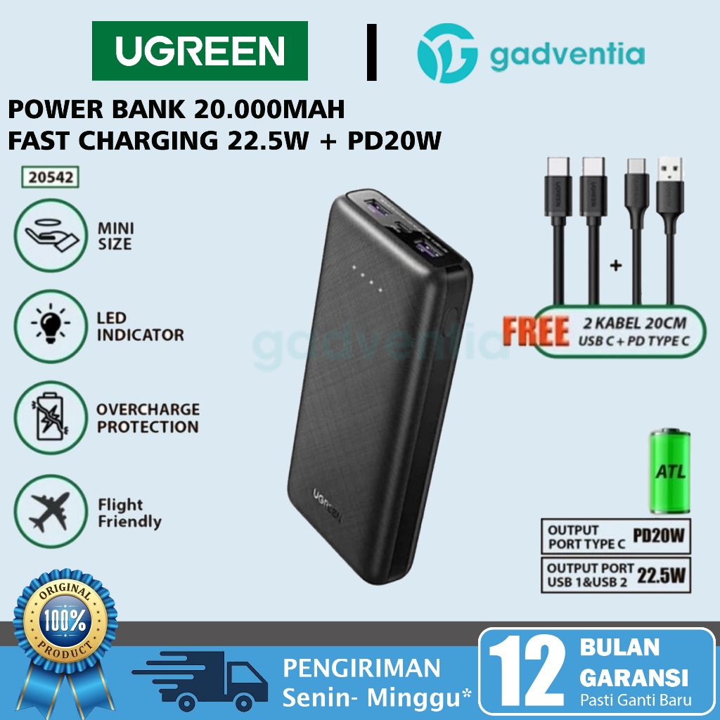 Ugreen 20542 Powerbank PD Fast Charging 20W 30w 10000mAh 20000mAh Power Bank USB Type C Untuk Handphone Android Samsung S23 S22 S2 Vivo Oppo Realme iPhone 8 X Xr Xs 11 12 13 14 15 Pro Max-UG 20542