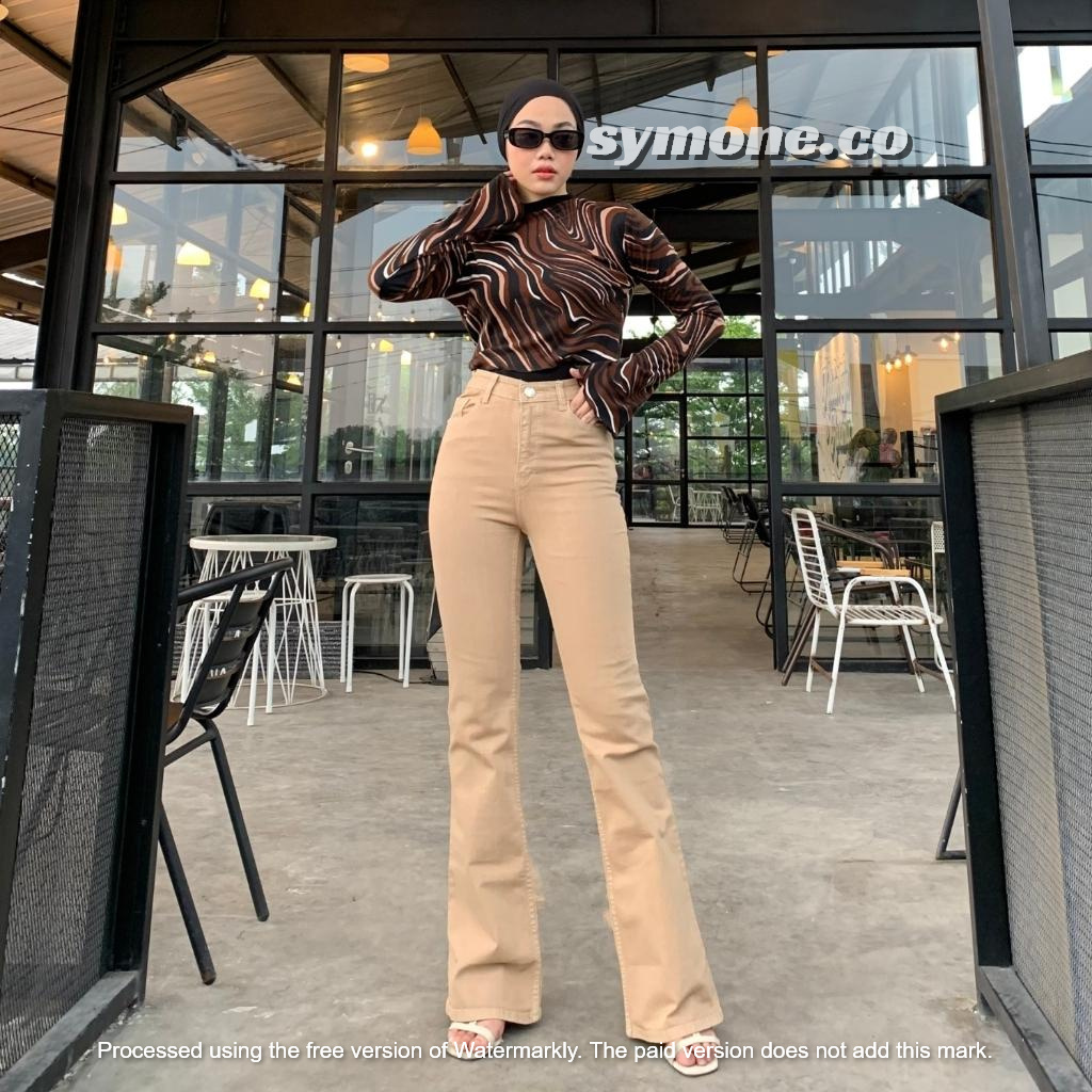 Celana highwaist cutbray strett wanita import celana jeans wanita kekinian celana jeans choco/putih 