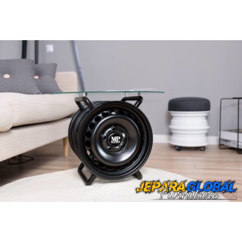 Meja Tamu industrial Velg mobil Top Kaca (meja Tamu besi,meja tamu modern,coffe table besi,meja kopi
