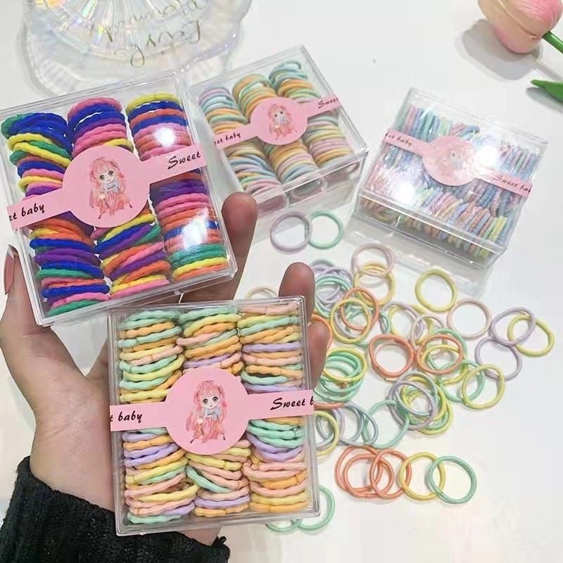 Ikat Rambut 100 pcs Free Box dan jepit poni / Karet Anak Dan Dewasa Aksesoris rambut