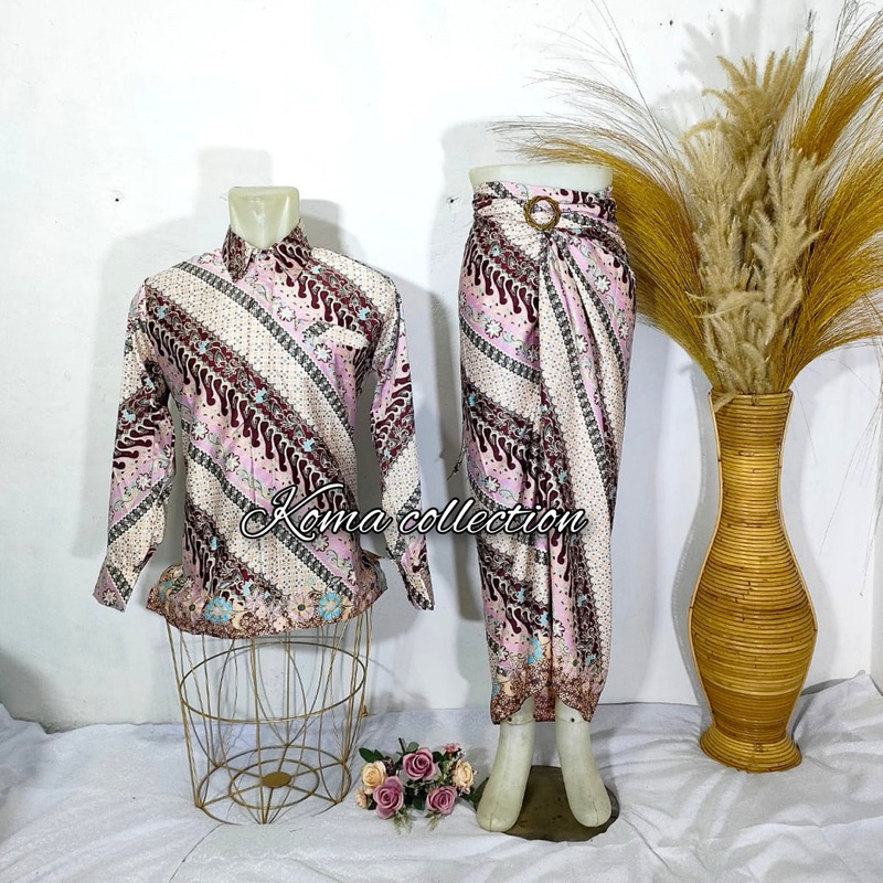 COD _Baju Couple Kemeja Batik pria dan Rok Lilit Motif Piona Pink / Couple kemeja Lengan panjang kon