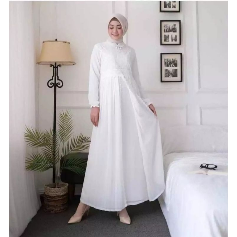 YUNI MAXI DRESS KOREAN STYLE//MAXIDRESS PUTIH APLIKASI BRUKAT//GAMIS PUTIH REMAJA//GAMIS PUTIH BAHAN