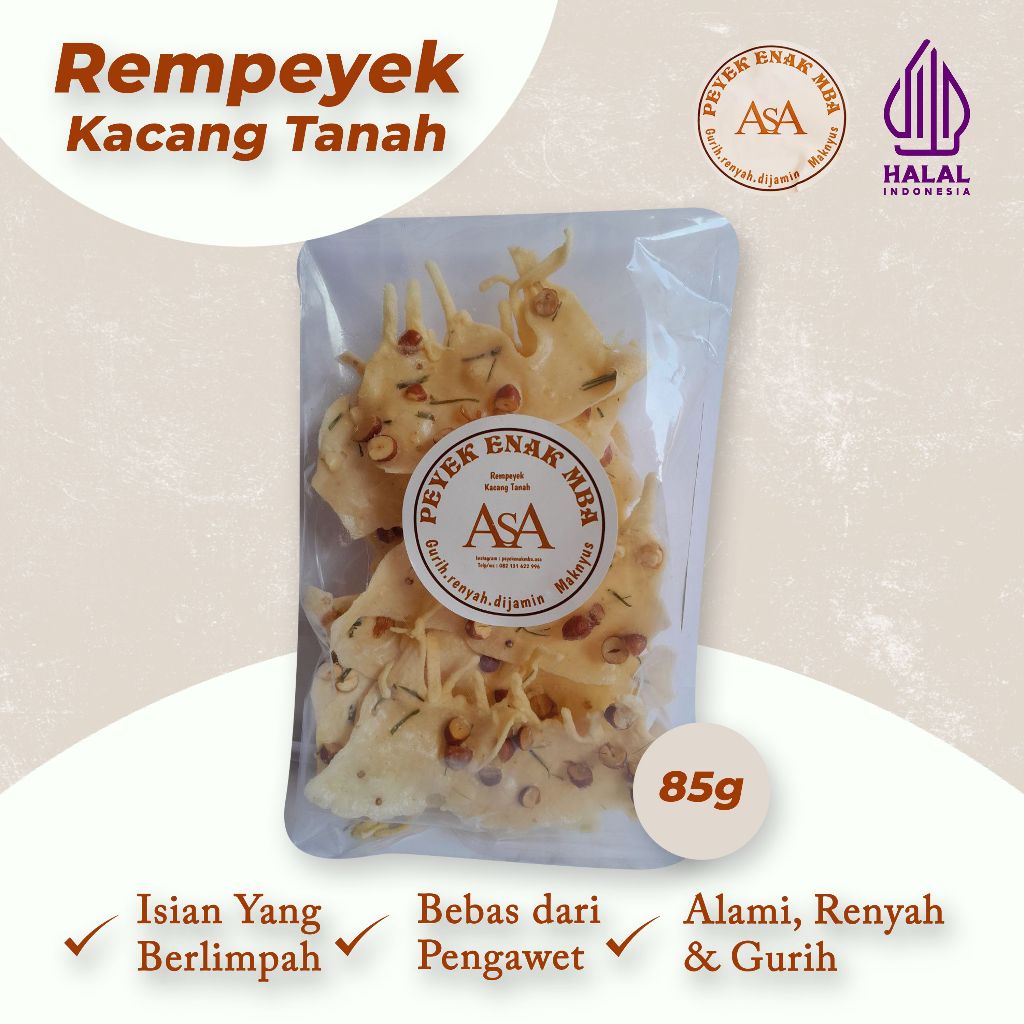 

Peyek Mbak Asa | Rempeyek Kacang Tanah Premium Gurih , Renyah kemasan ( 85 gram )