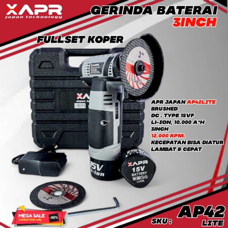 Promo Mesin Gerinda Tangan Tanpa Kabel Angle Grinder Cordless APR JAPAN AP42 3 Inch 42Vf 2 Baterai