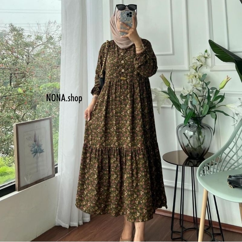 NONA-Midi Dress Rayon Twill Motif Premium/Daster Rayon Motif Bunga Remaja Kekinian Terbaru 2024 Vira