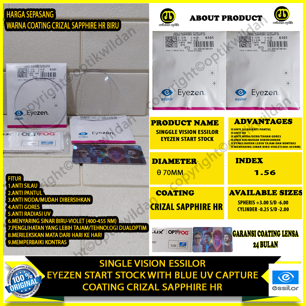 ESSILOR BLUERAY  SINGLE VISION EYEZEN START STOCK WITH BLUE UV CAPTURE/BLUERAY CRIZAL SAPPHIRE HR