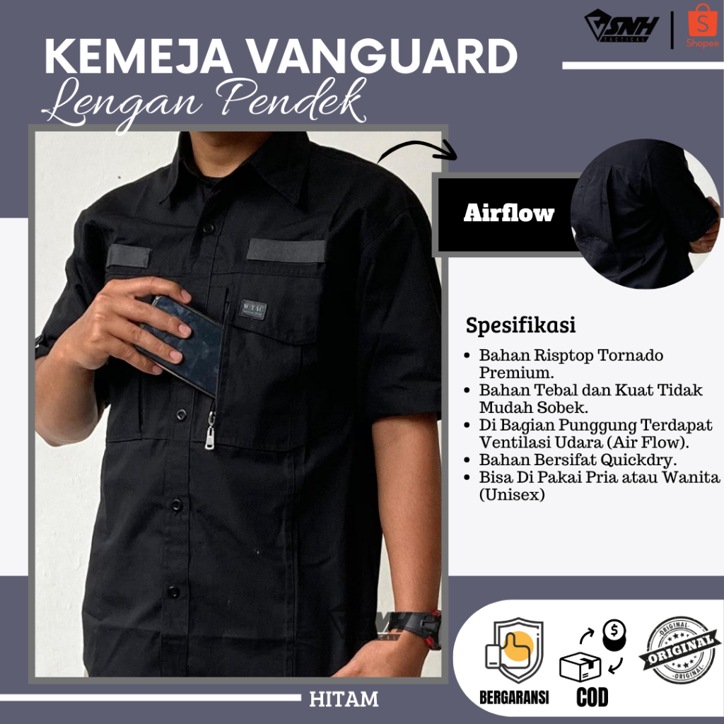 Asnh Kemeja Outdoor Taktikal Tangan Pendek Bahan Premium Ripstop Tornado Hitam