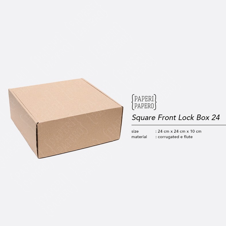 

Square Front Lock Box 24 x 24 x 10 cm - Kotak Kardus Packaging Hampers Corrugated Dus Cokelat (10 Pcs)