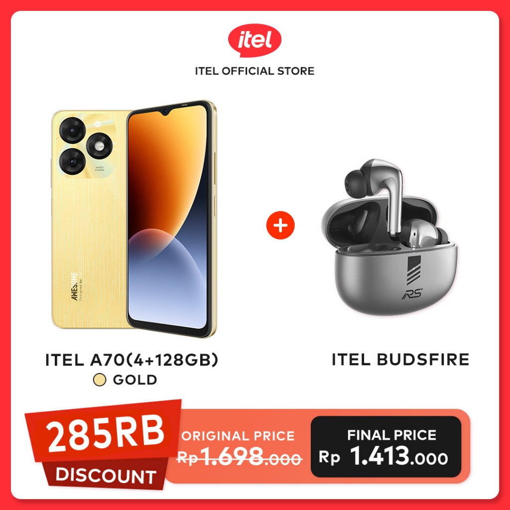 itel Handphone A70 64GB/128GB + TWS / Charger Kabel Type-C ICW-182EC  / Smart Watch 2 ES / Powerbank 100PF Faster Charging 22.5W GARANSI RESMI-A70 128G GD+TWS