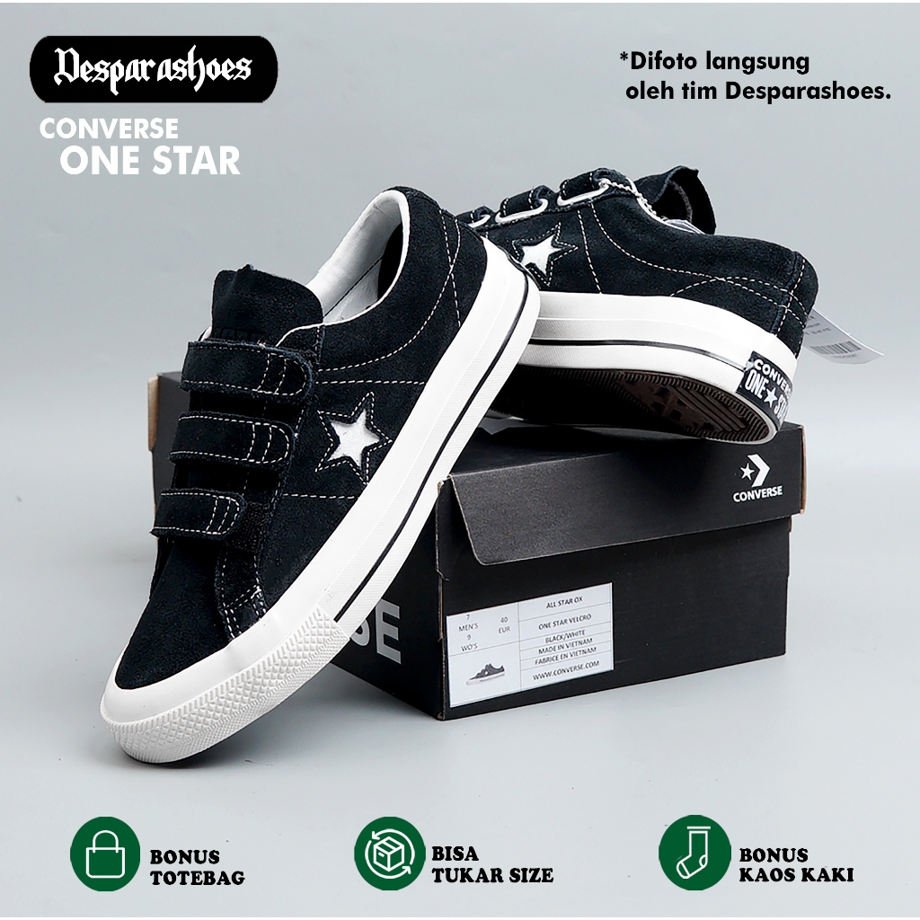 Sepatu Pria Sneakers Converse Cons One Star Velcro Suede Black White Import Premium