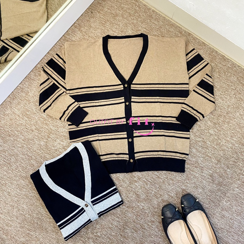 FELICIA CARDIGAN KNIT RAJUT OVERSIZE – Cardigan Wanita Knit Rajut Motif Garis Full Kancing