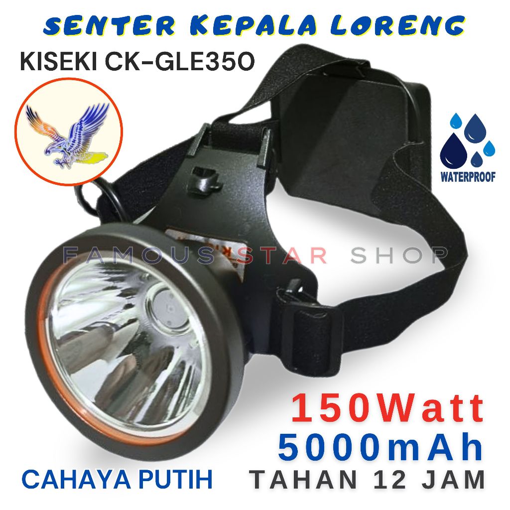 Senter Kepala 150 Wat KISEKI CK-GLE350 Cahaya Putih Super Terang Tahan 12 jam Baterai Cas 5000mAh Se