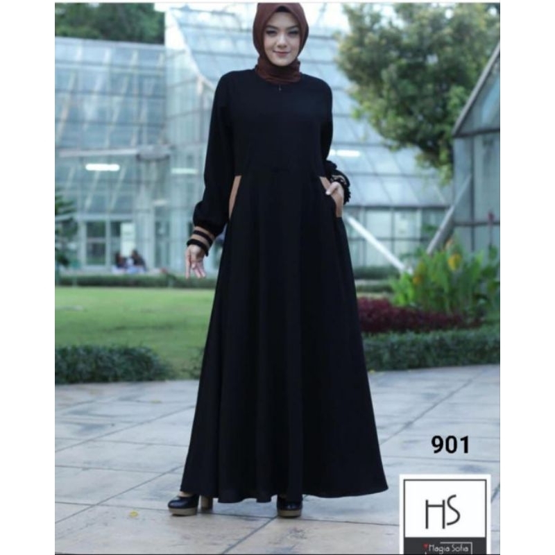 Gamis motif polos warna hitam ORI by Hagia Sofia Maxi dress cewek muslimah busui friendly resleting 