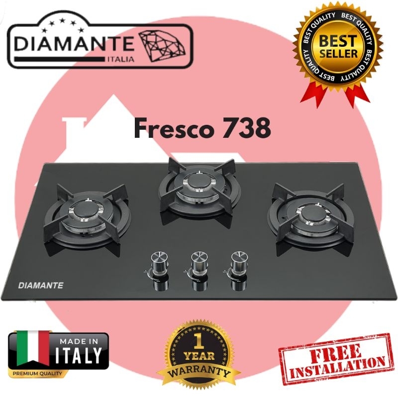 Kompor Gas Tanam Diamante FRESCO-738 2 Tungku Wok Burner dengan Kaca Tempered