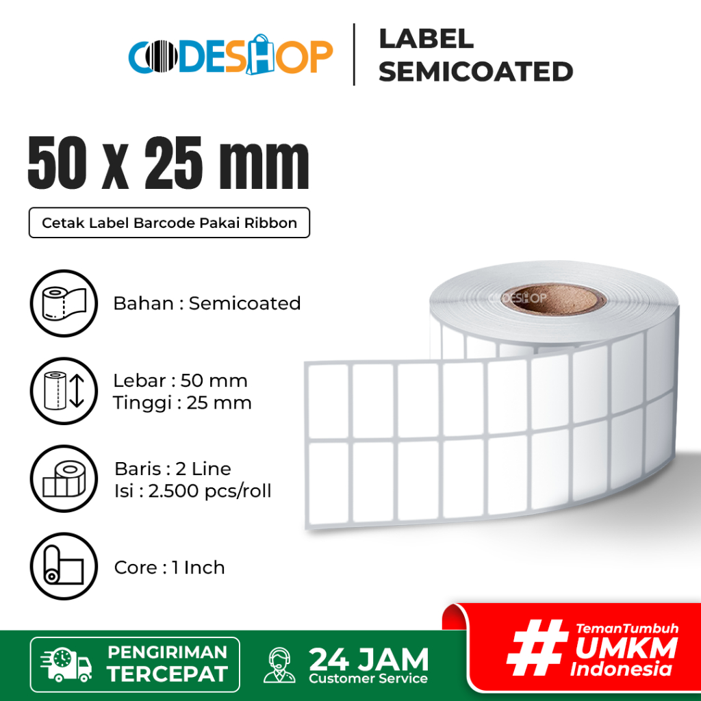 

Label Semicoated 50x25 mm Stiker 1 Inch Core Printer Barcode Citizen Intermec