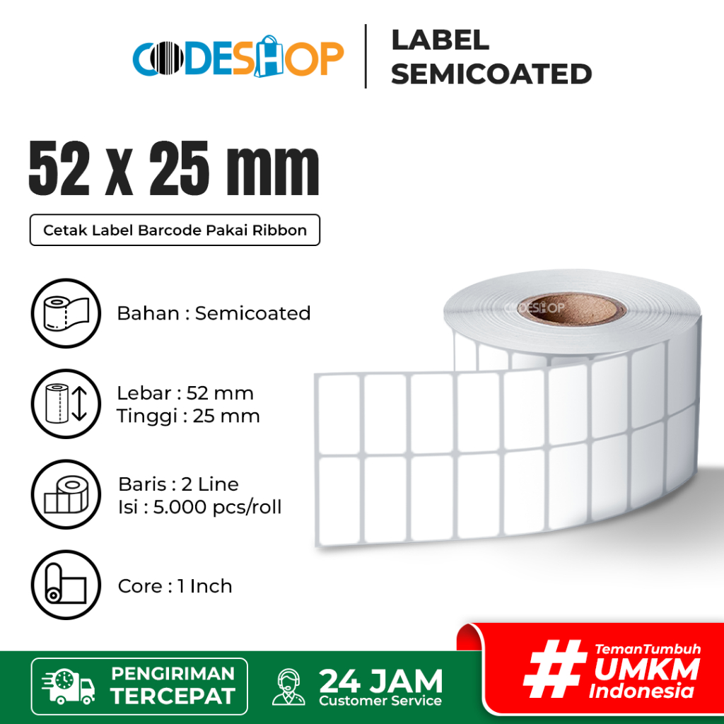 

Codeshop Label Semicoated 52x25mm 2 Line 1 inchCore isi 5000 Pcs