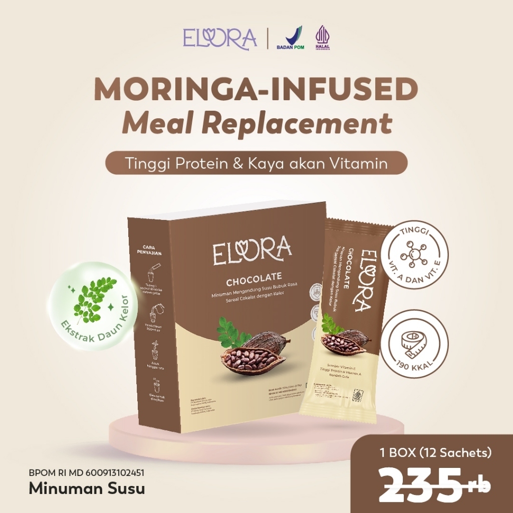 

Elora Moringa Infused Meal Replacement 1Box (12Sachet) Susu Sereal Rasa Cokelat Minuman Whey Protein