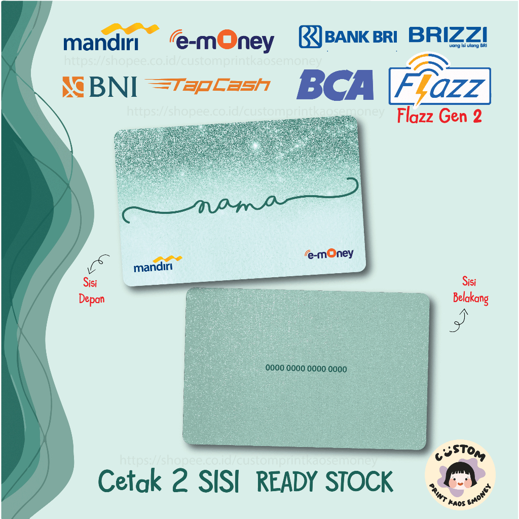 KARTU E MONEY E TOLL CUSTOM NAMA GLITTER TOSCA WHITE PUTIH MANDIRI EMONEY BNI TAPCASH BRI BRIZZI FLA