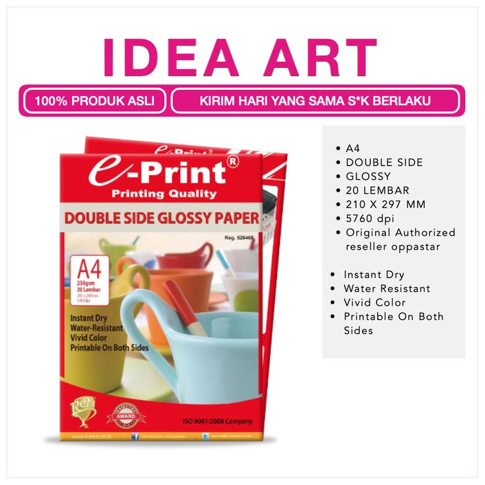 Kertas Foto Glossy Double Side Glossy Photo Paper e-Print A4 230 gsm isi 20 Lembar Instant Dry Tahan