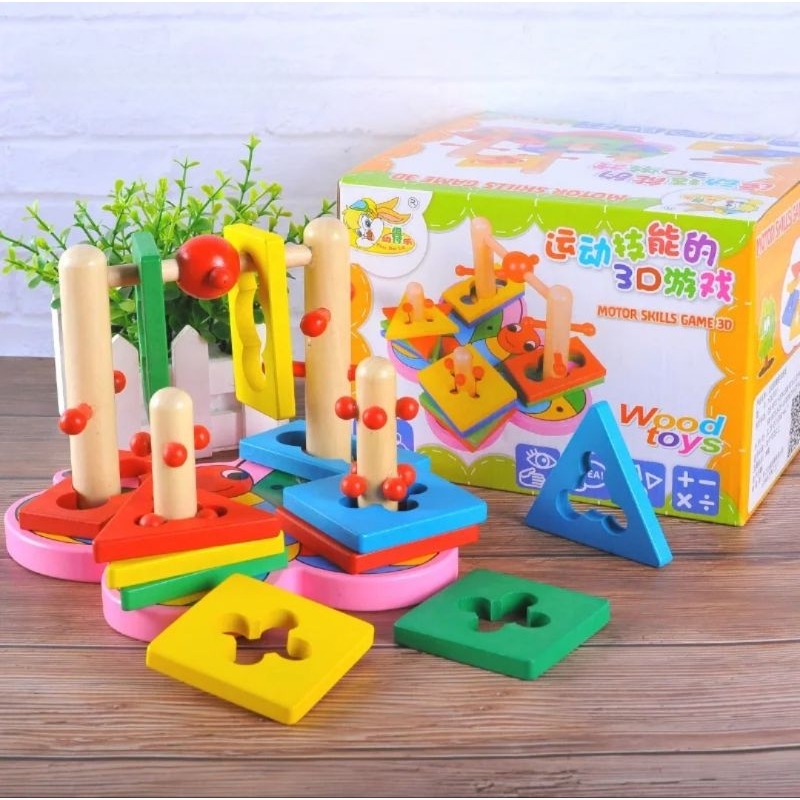 DISKON [CAPT] MAINAN KAYU EDUKASI ANAK PUZZLE KUNCI PILAR MENARA KUPU KUPU - MOTOR SKILL GAME 3D