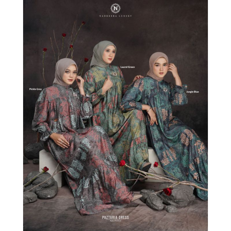 TERBARU BUSANA MUSLIM GAMIS PAZTARIA DRESS WINTER RED , PICKLE GREY, LAUREL GREEN DAN JUNGLE BLUE By
