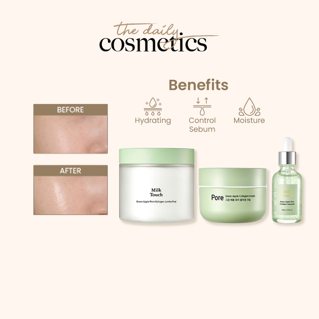 MILK TOUCH  Green Apple Pore Collagen Line (Ampoule Serum, Cream, Toner Pad - The Daily Cosmetics
