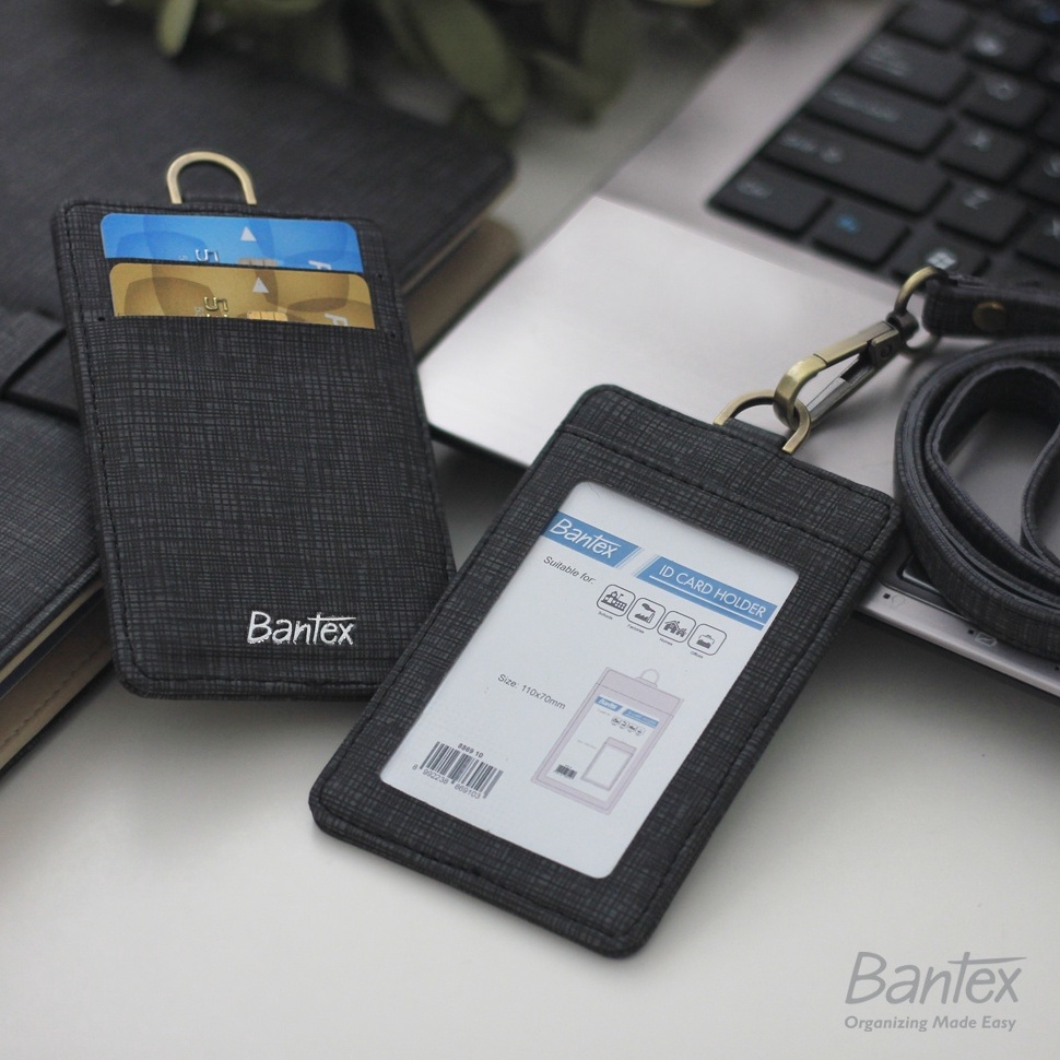 

KODE M1S6 Bantex Leather Name Tag ID Card Holder Black 8869 1 Kulit Sintetis Lanyard Tali