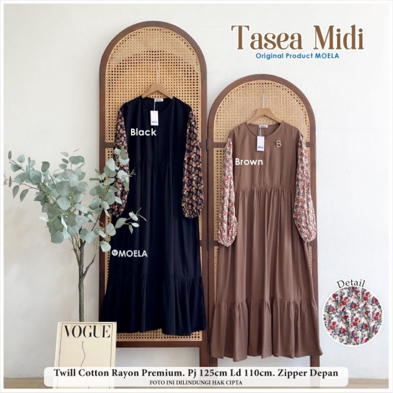 MOELA midi dress gamis midi mix motif polos bunga ld 110, pb 125 zipper depan busui friendly midi dr