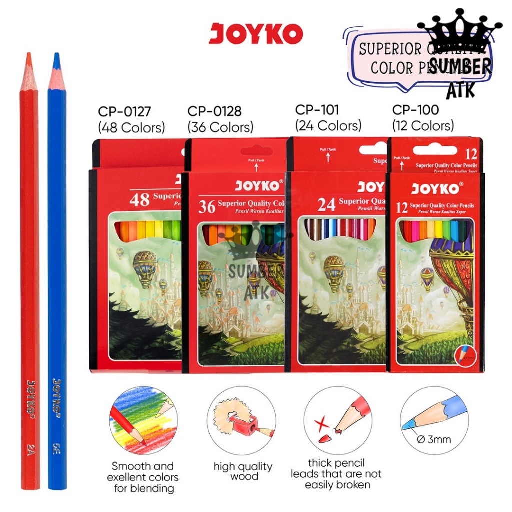 

Joyko Pensil Warna Superior Quality Color Pencils Hexagonal Grip CP-100 CP-101 CP-0127 CP-0128 12 , 24 ,36 , 48 warna