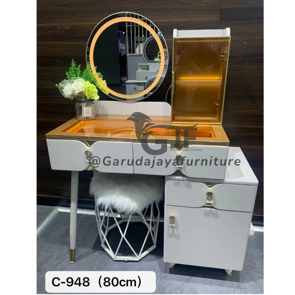 MEJA RIAS CERMIN LED BULAT /MEJA RIAS MINIMALIS/MEJA RIAS MODERN/MEJA RIAS PUTIH LENGKAP DENGAN KURS