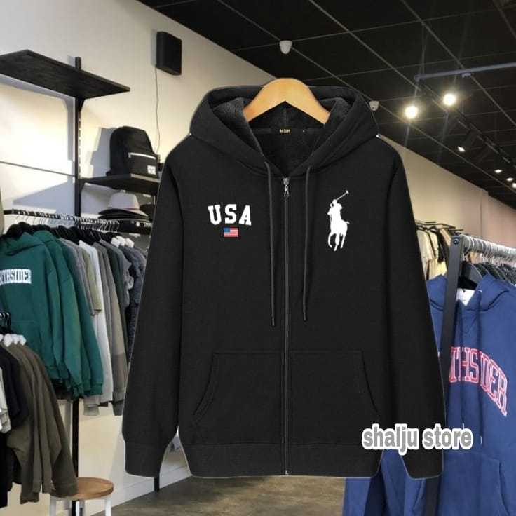 JAKET SWEETER HOODY RESLETEING DISTRO LOGO REPLH USA TEXT PUTIH12/SWEWTER HUDDY RESLETING PRIA DAN W