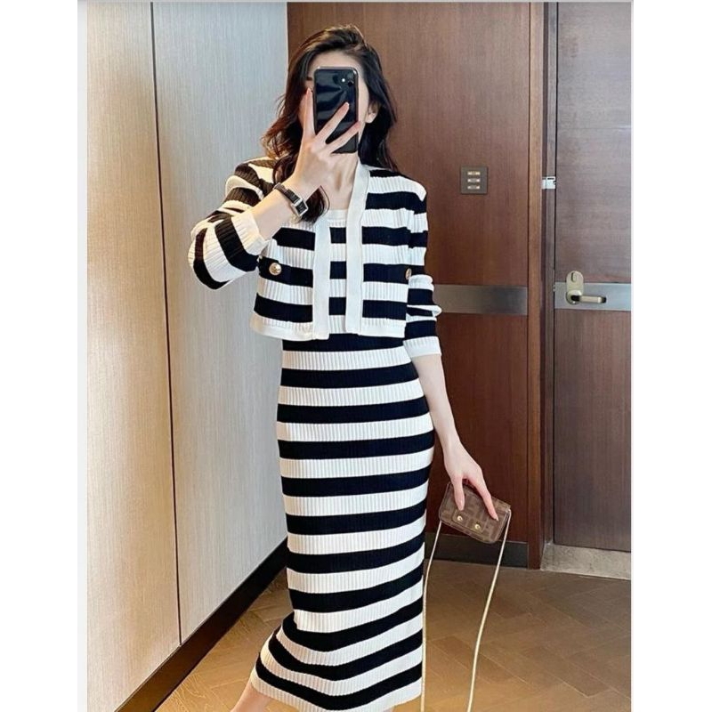 PAKAIAN WANITA BAJU LONG DRESS SETELAN STELAN ONE SET CARDI POLET