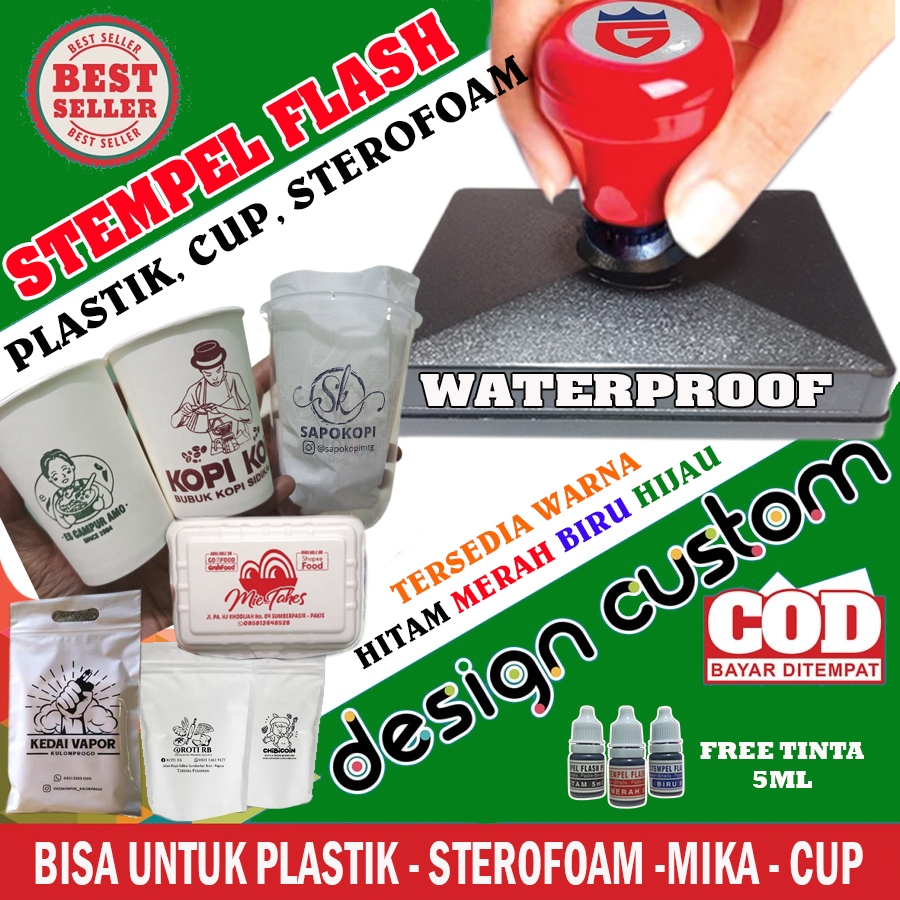 Stempel Flash Plastik / Gelas Cup / Sterofoam / Mika / Tinta Permanen Waterproof Free Tinta