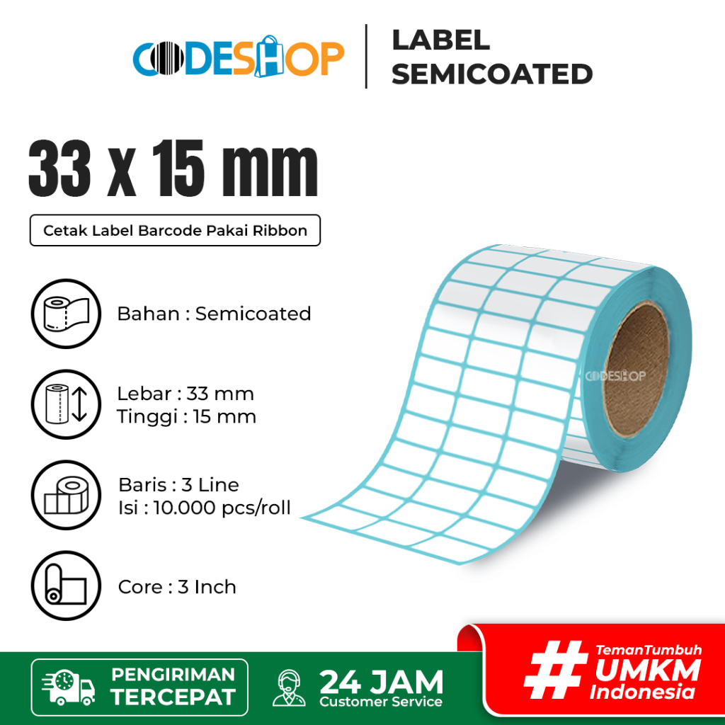 

Codeshop Label Semicoated 33x15 mm 3 Line Core 3 inch isi 10.000 Pcs