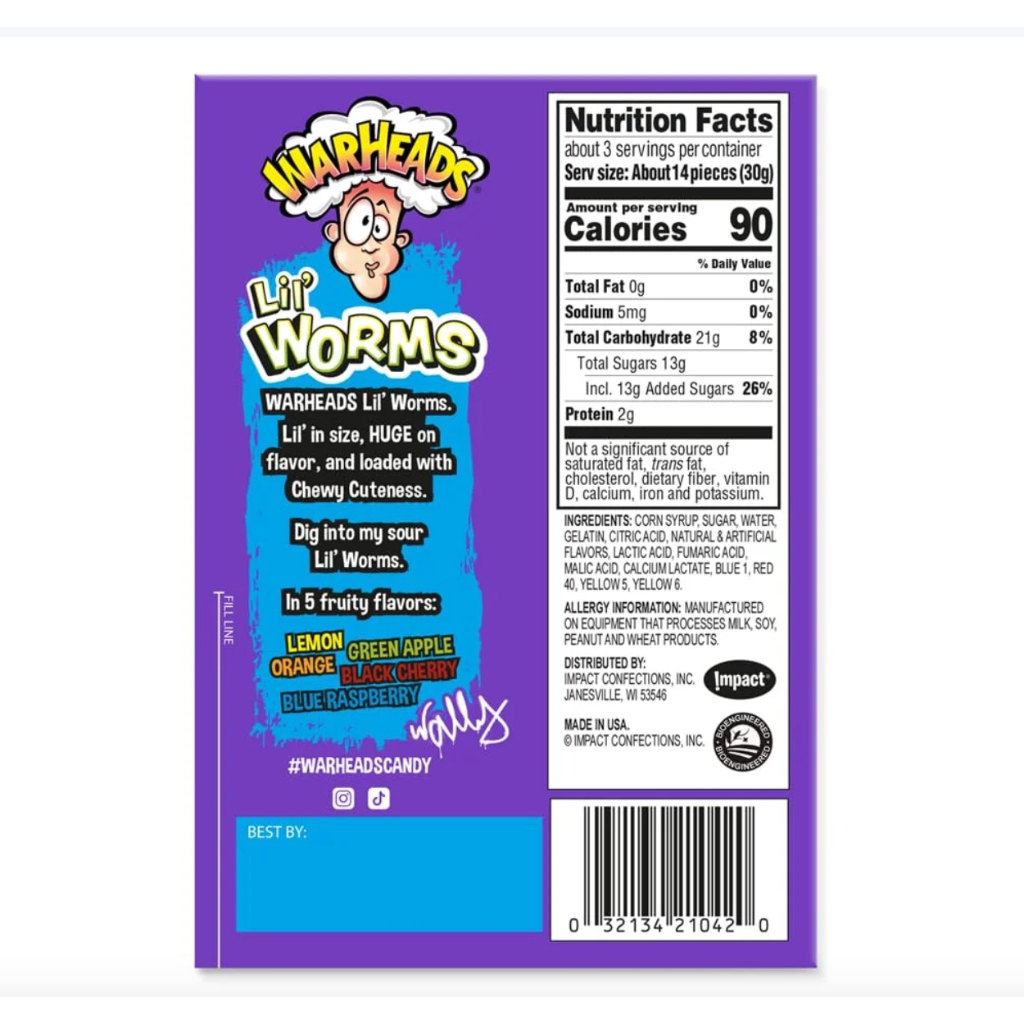 

GFD WARHEADS LIL' WORMS 3,5 oz SOUR CHEWY CANDY 99 gr PERMEN WARHEAD USA