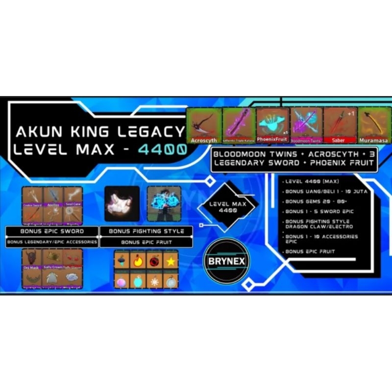 Akun King Legacy Level MAX - Bloodmoon Twins + Acroscyth + 3 Legendary Sword + Phoenix Fruit + Bonus