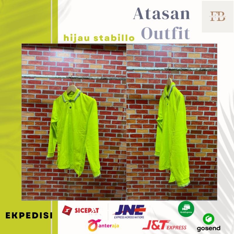 baju kaos polos kerah lengan panjang pria wanita warna hijau stabilo