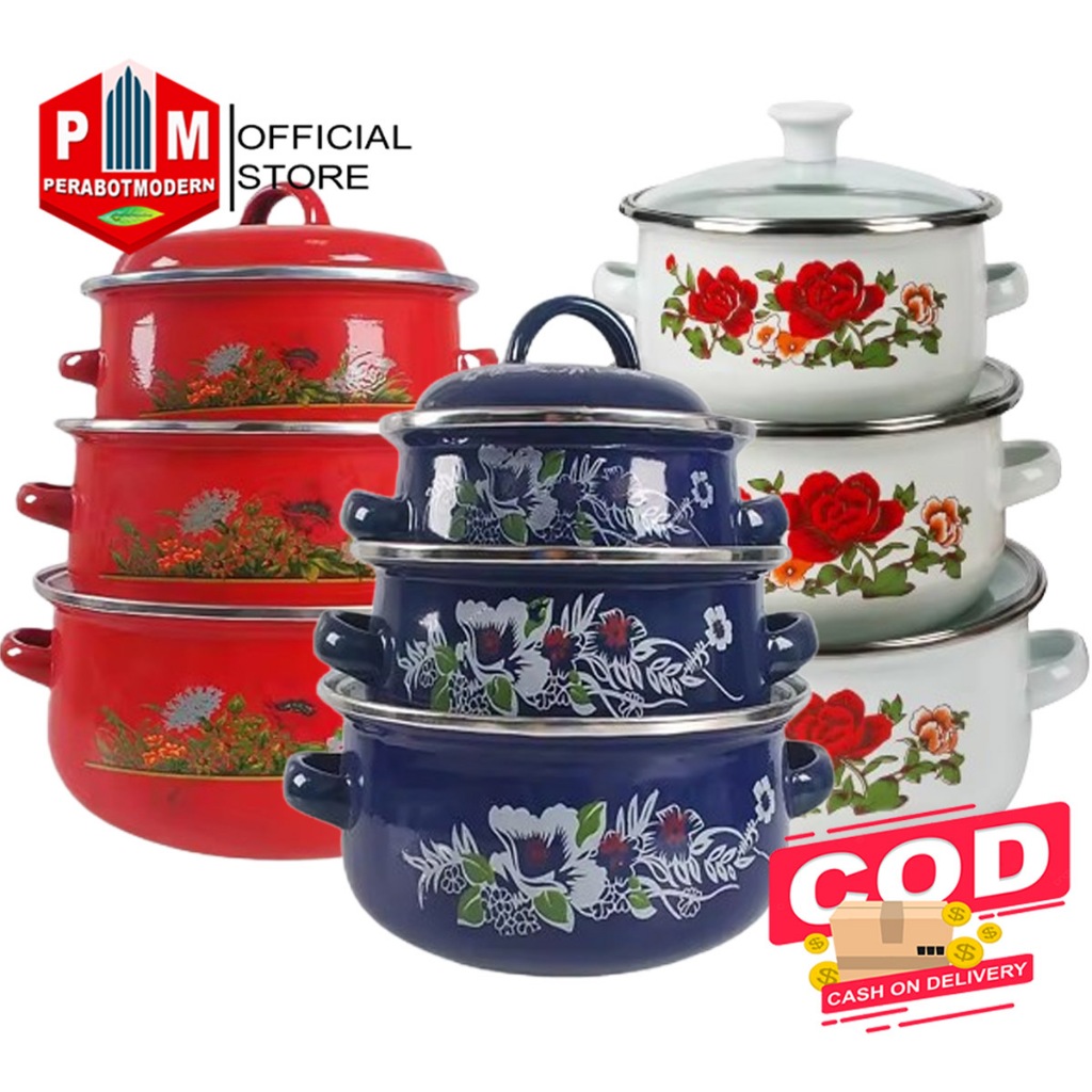 Panci Bunga Calypso 3 Susun / Panci Enamel Bunga Set 3pcs