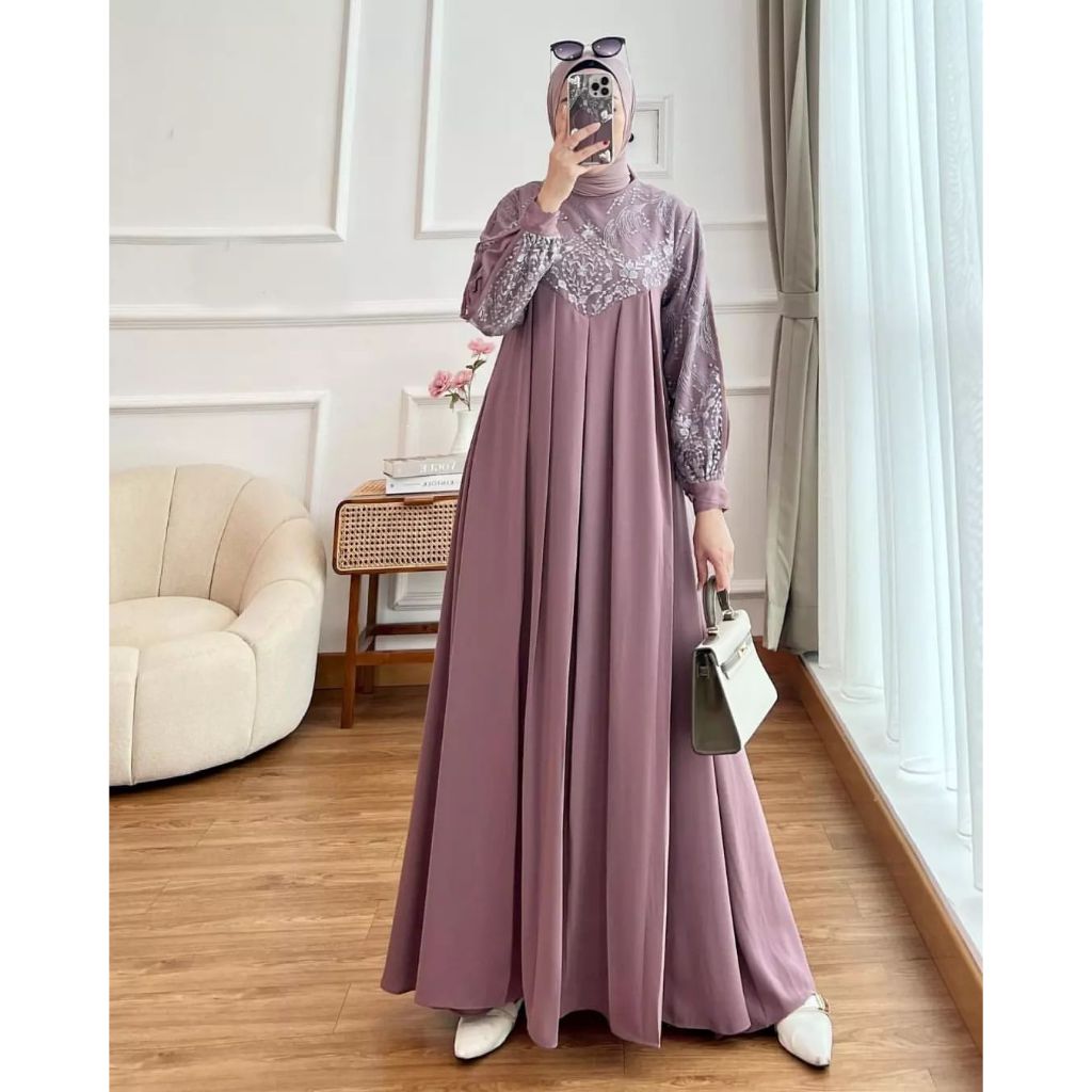 Aghnia Dress Baju Dress Kondangan Ceruty Babydoll Full Furing Mix Brukat Rempel Gamis Lebaran Modern