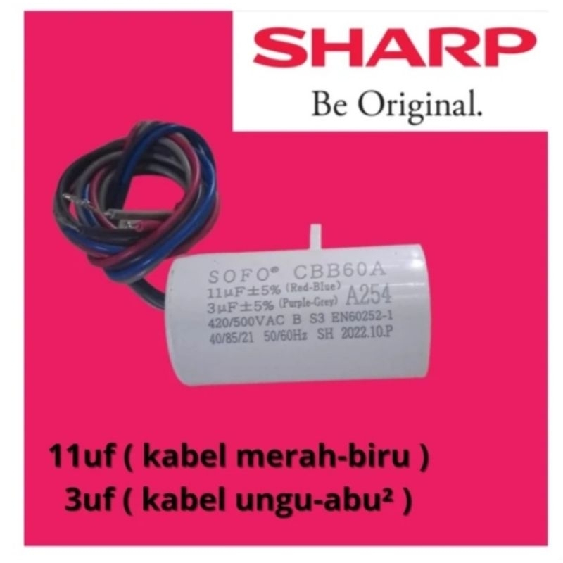 capasitor mesin cuci 2 tabung original Sharp 11uf + 3uf original SOFO CBB60A
420/500VAC 50/60Hz

11u