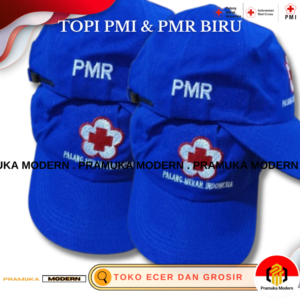 Topi PMI PMR logo bordir biru topi PMI PMR madya bordir komputer
