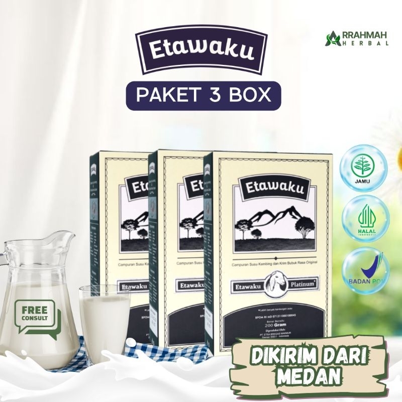 

PAKET 3 BOX SUSU ETAWAKU PLATINUM SUSU KAMBING ETAWA BUBUK - Bantu atasi masalah pernafasan batuk menahun dan nyeri tulang dan sendi original 100% distributor resmi langsung dikirim dari medan